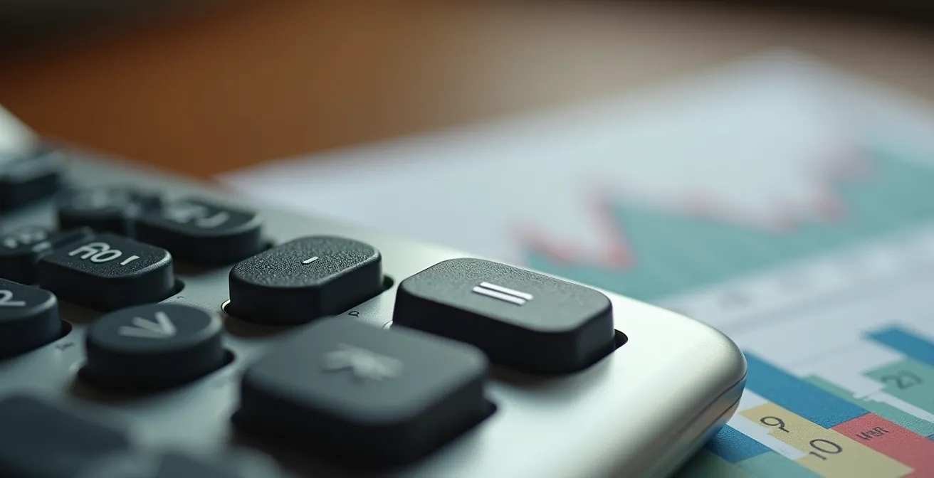 Vue rapprochée d'un bureau avec calculatrice et graphiques colorés