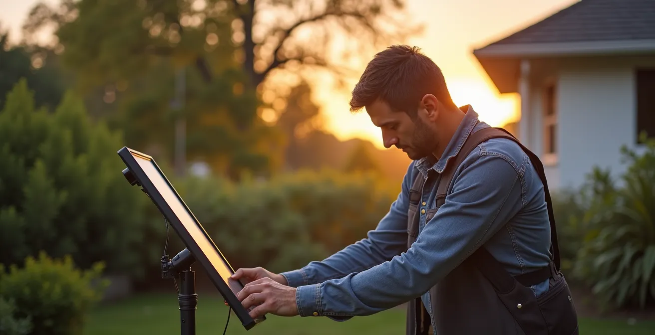 Tracker solaire compact dans un jardin résidentiel au coucher du soleil