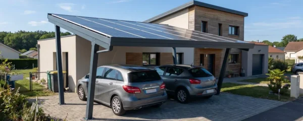Carport solaire moderne avec panneaux photovoltaïques installé dans un parking résidentiel, structure aluminium à poteaux déportés sous un ciel dégagé avec deux véhicules garés