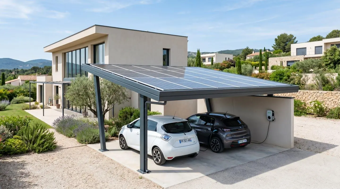 Carport solaire moderne avec panneaux photovoltaïques installé dans un parking résidentiel, structure aluminium à poteaux déportés sous un ciel dégagé avec deux véhicules garés