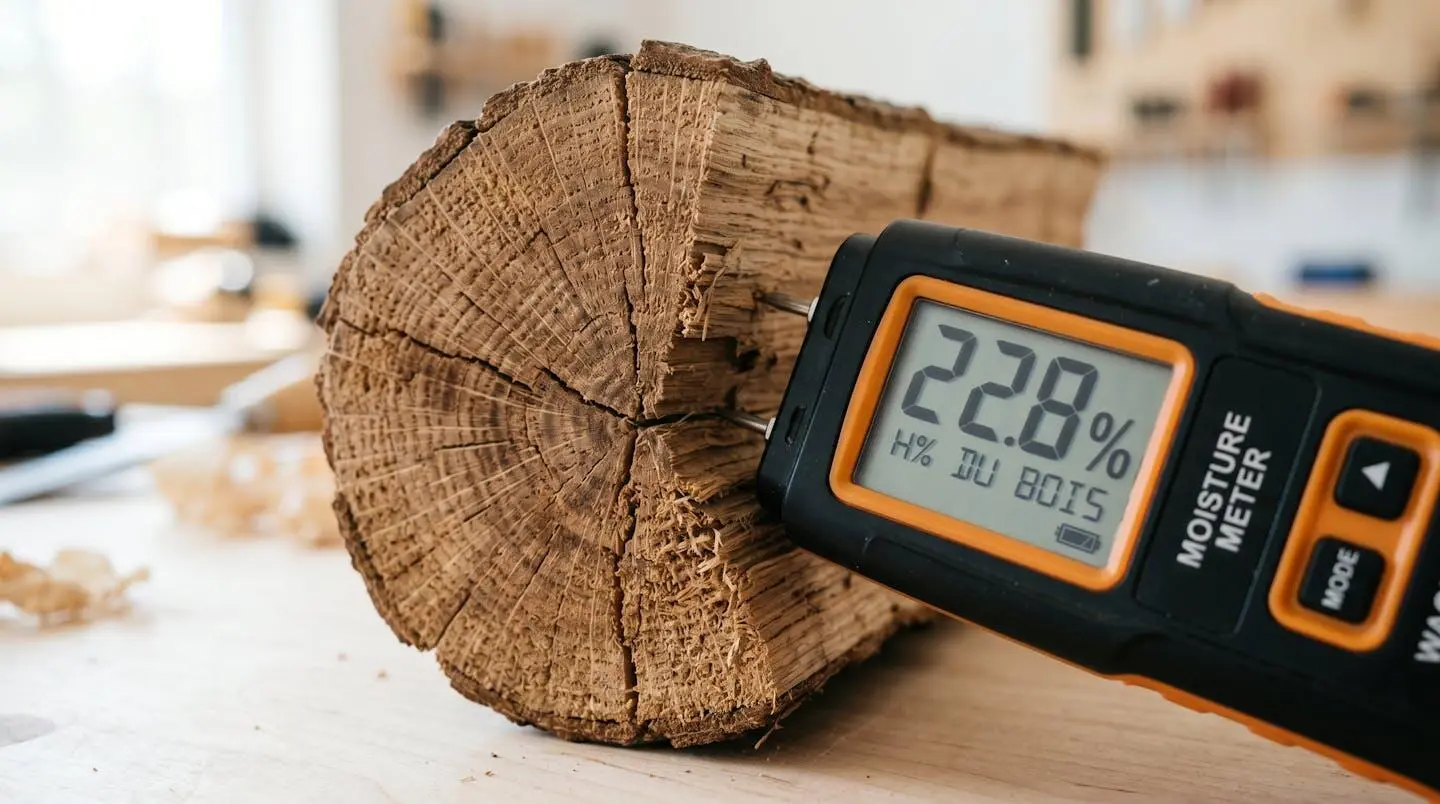 Gros plan macro sur un humidimètre numérique planté dans le cœur d'une bûche de bois fendue, affichage du taux de pourcentage visible