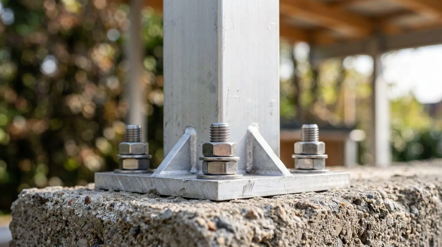 Gros plan sur la base d'un poteau en aluminium déporté d'une ombrière solaire, avec détail de la jonction entre le poteau et l'ancrage au sol en béton