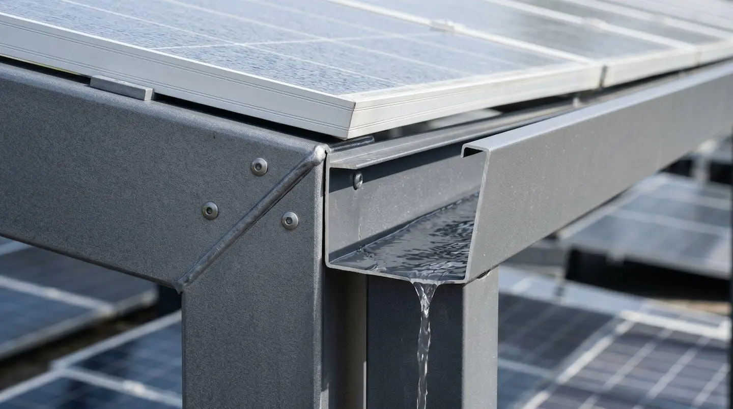 Gros plan macro sur le coffre avant en aluminium d'une ombrière solaire avec détail du système de gouttière intégrée et début d'évacuation d'eau visible