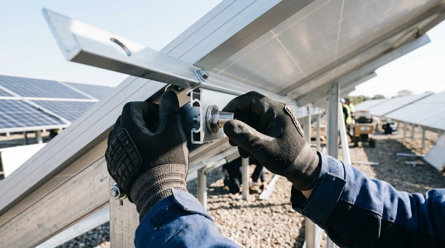 Mains d'un installateur avec gants de travail manipulant le système de fixation SimplyFix par quart de tour sous un panneau solaire, geste de verrouillage visible sur chantier réaliste