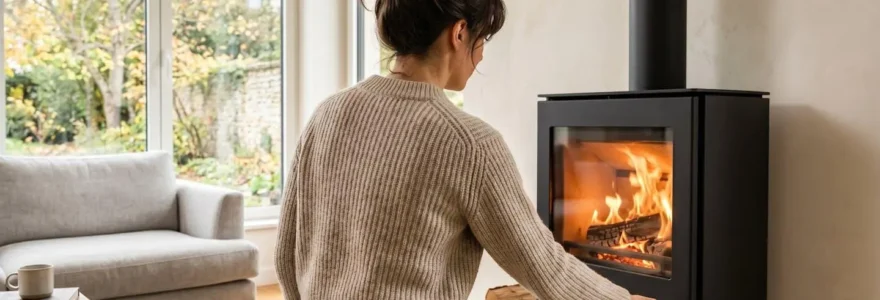 Une personne vue de dos ajuste le registre d'air d'un poêle à bois contemporain dans un salon lumineux aux tons chaleureux