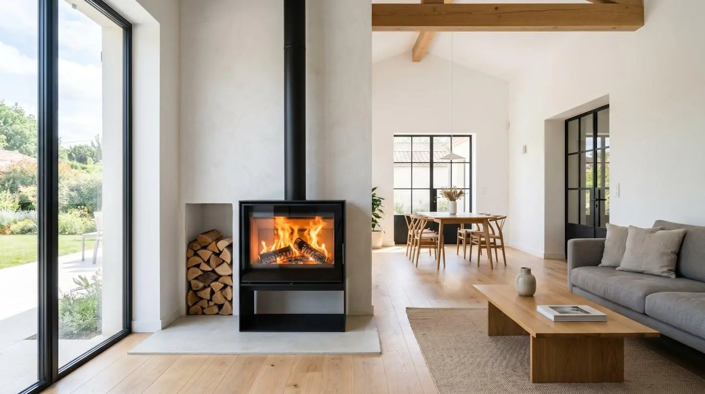 Vue en angle large d'un poêle à bois contemporain en fonctionnement dans un salon français épuré et lumineux, flammes visibles à travers la grande vitre