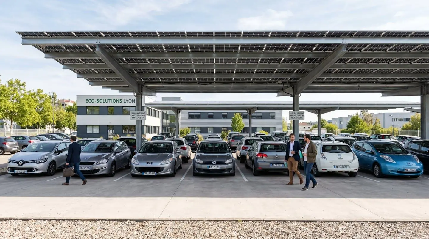 Vue d'ensemble d'une ombrière photovoltaïque installée sur un parking d'entreprise en France, avec panneaux solaires intégrés au toit plat et véhicules stationnés dessous